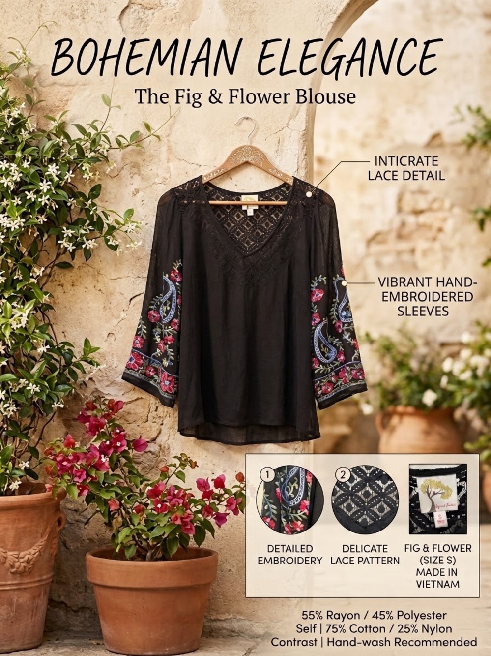Fig and flower Black Boho Tunic with Colorful Floral Embroidery